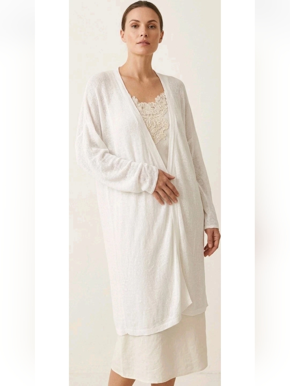 Eileen Fisher White Organic Cotton Linen Knit Long Open Cardigan! XL Excellent